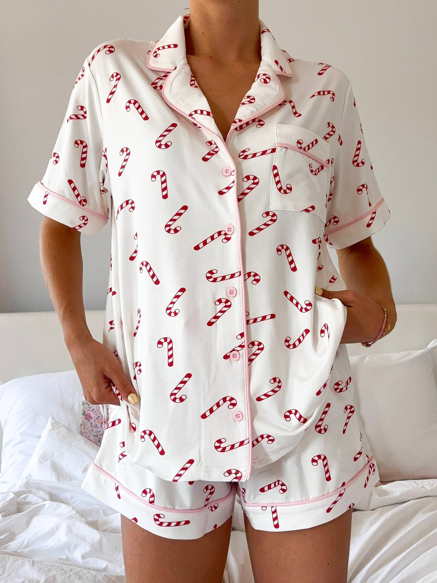 Candy Cane Holiday Christmas Short Sleeve Button Up Pajama Top