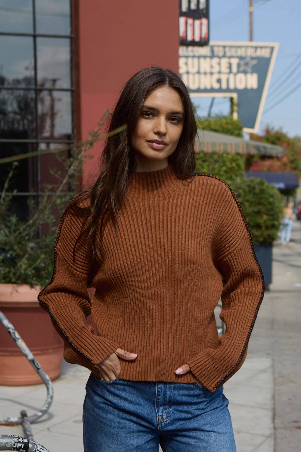 Solid High Neck Rib Knit Expose Seam Sweater