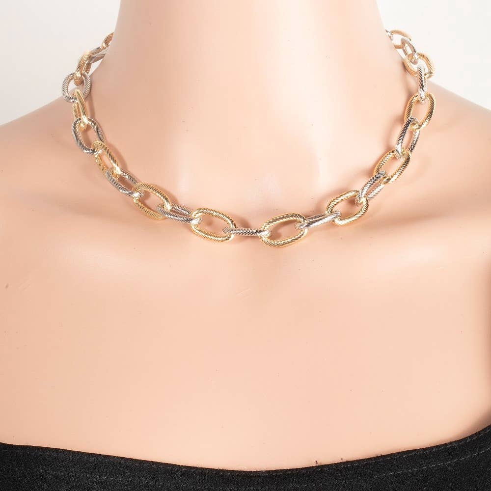 Two Tone Twisted Texture Oval Classic Chain Necklace