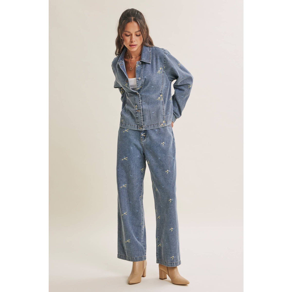 SUNDAY WILDFLOWERS EASY FIT EMBROIDERED DENIM JACKET