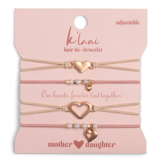 "Mother / Daughter" Pink with Pearls and Gold Hearts Shareable Hair Tie Bracelets