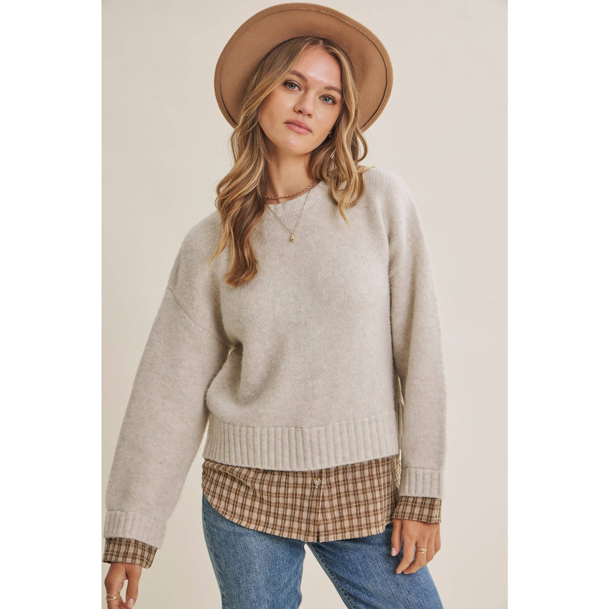 COUNTRY ROAD LAYERED PLAID HEM SWEATER TOP