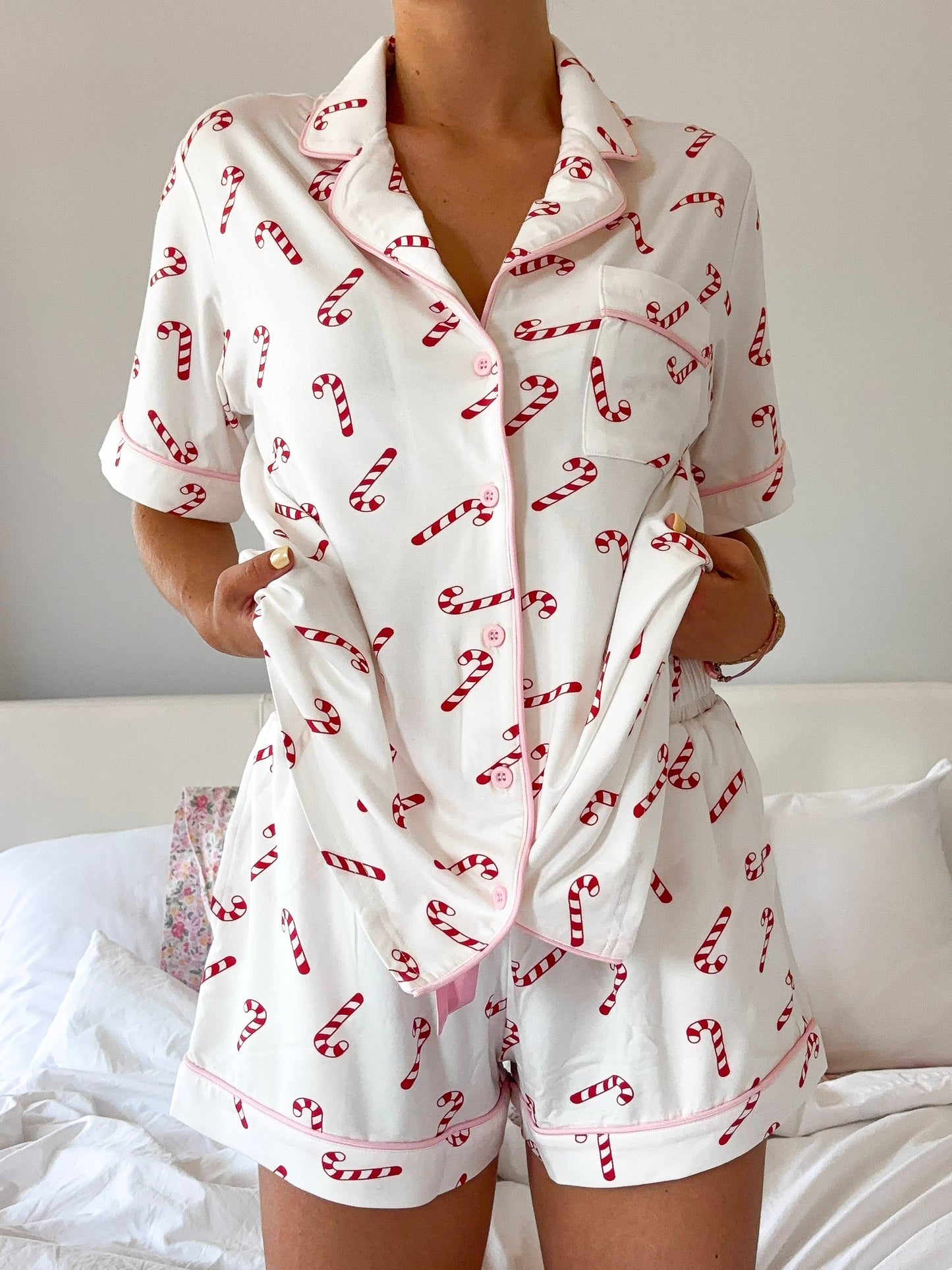 Candy Cane Holiday Christmas Short Sleeve Button Up Pajama Top