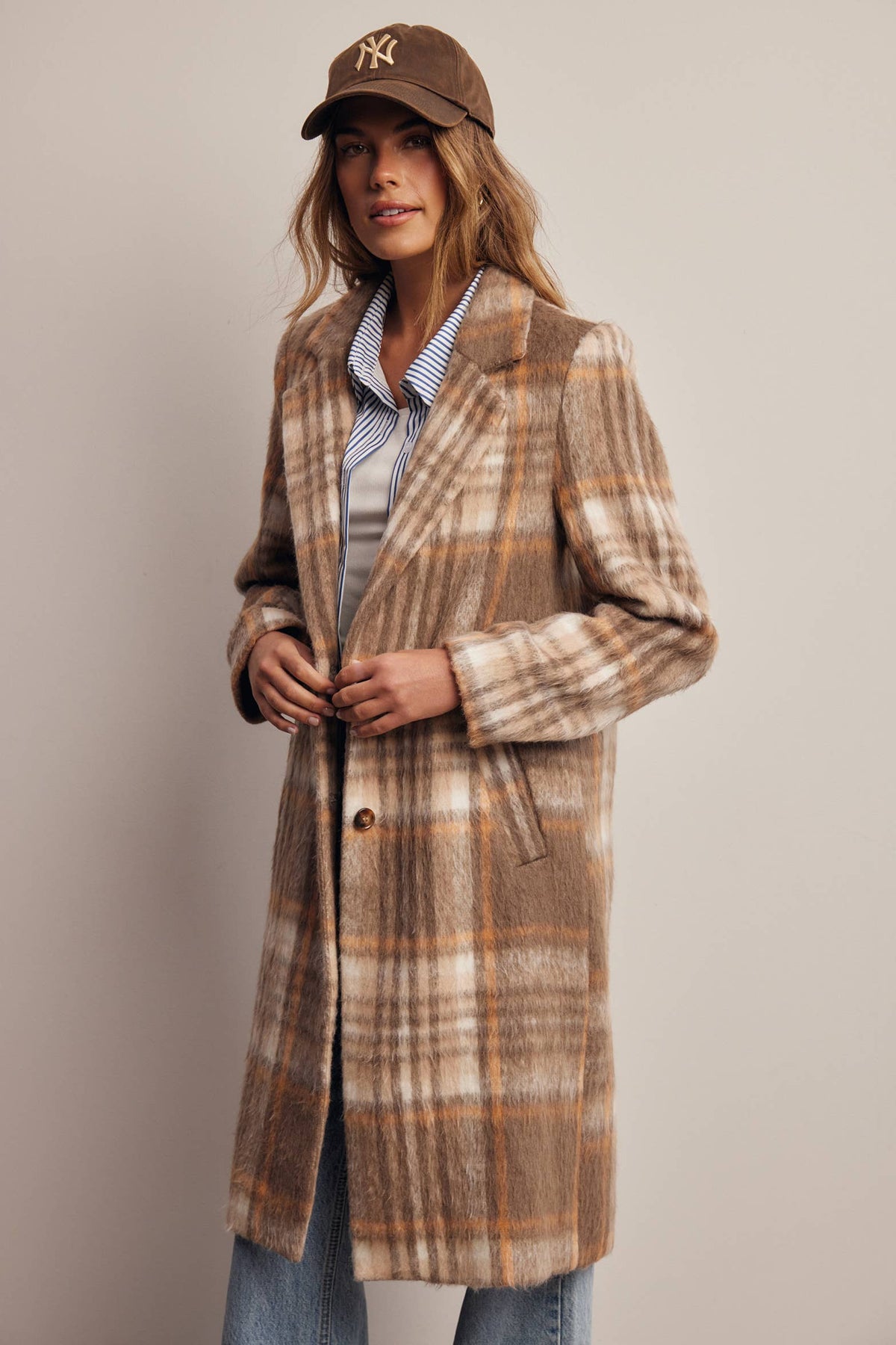 Plaid Brushed Long Coat