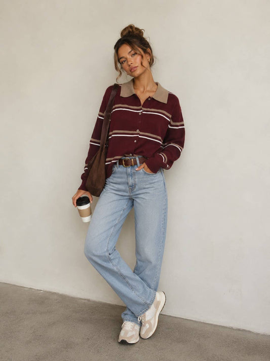 Striped Collared Knit Cardigan