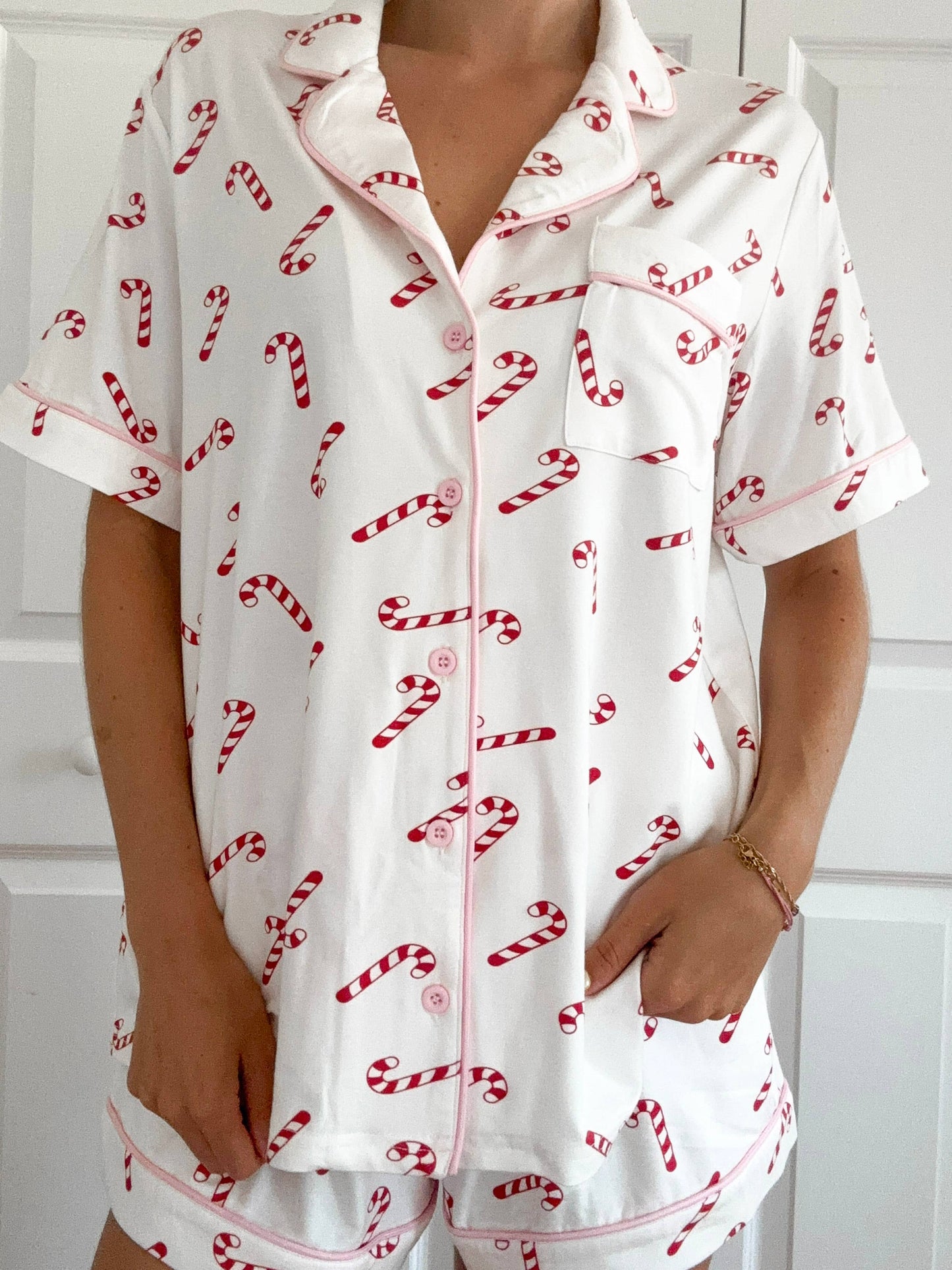 Candy Cane Holiday Christmas Short Sleeve Button Up Pajama Top