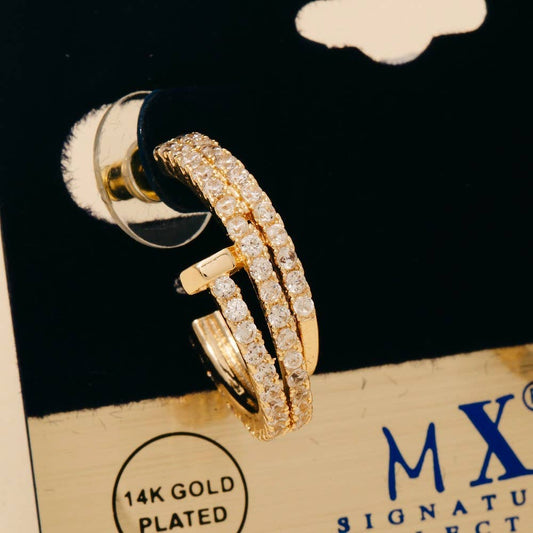 Gold Dipped Cz Pave Layered Nail Hoop Earrings