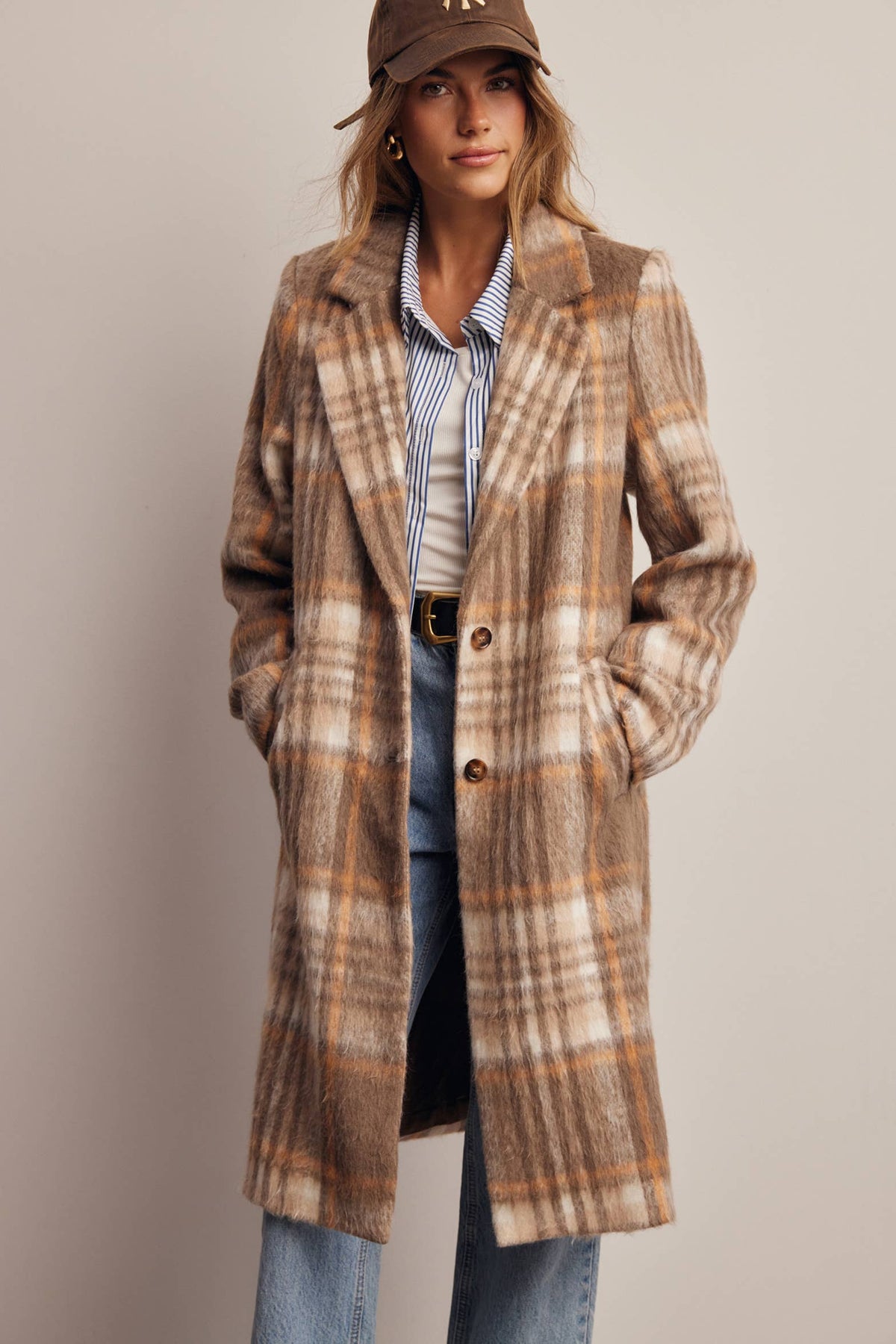 Plaid Brushed Long Coat