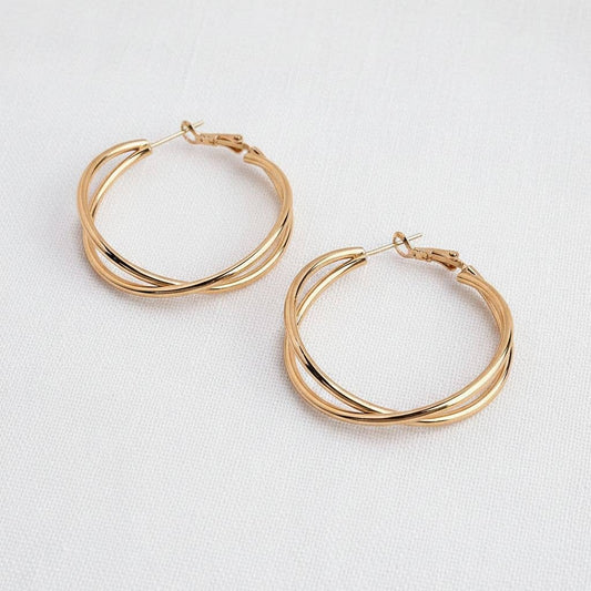 Geometric Cross Hoop Earrings in Gold and Silver