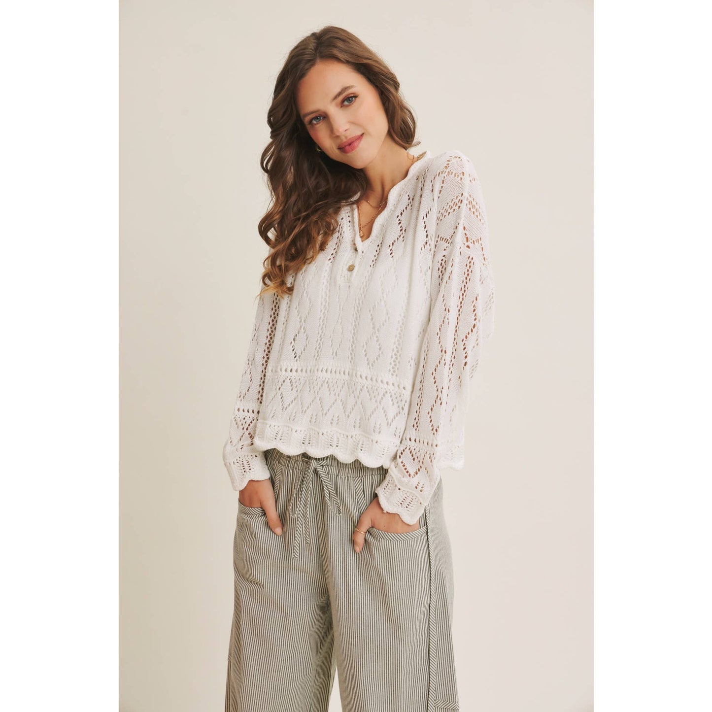 LAYERING VERSATILITY CROCHET SWEATER TOP WITH SCALLOP EDGES