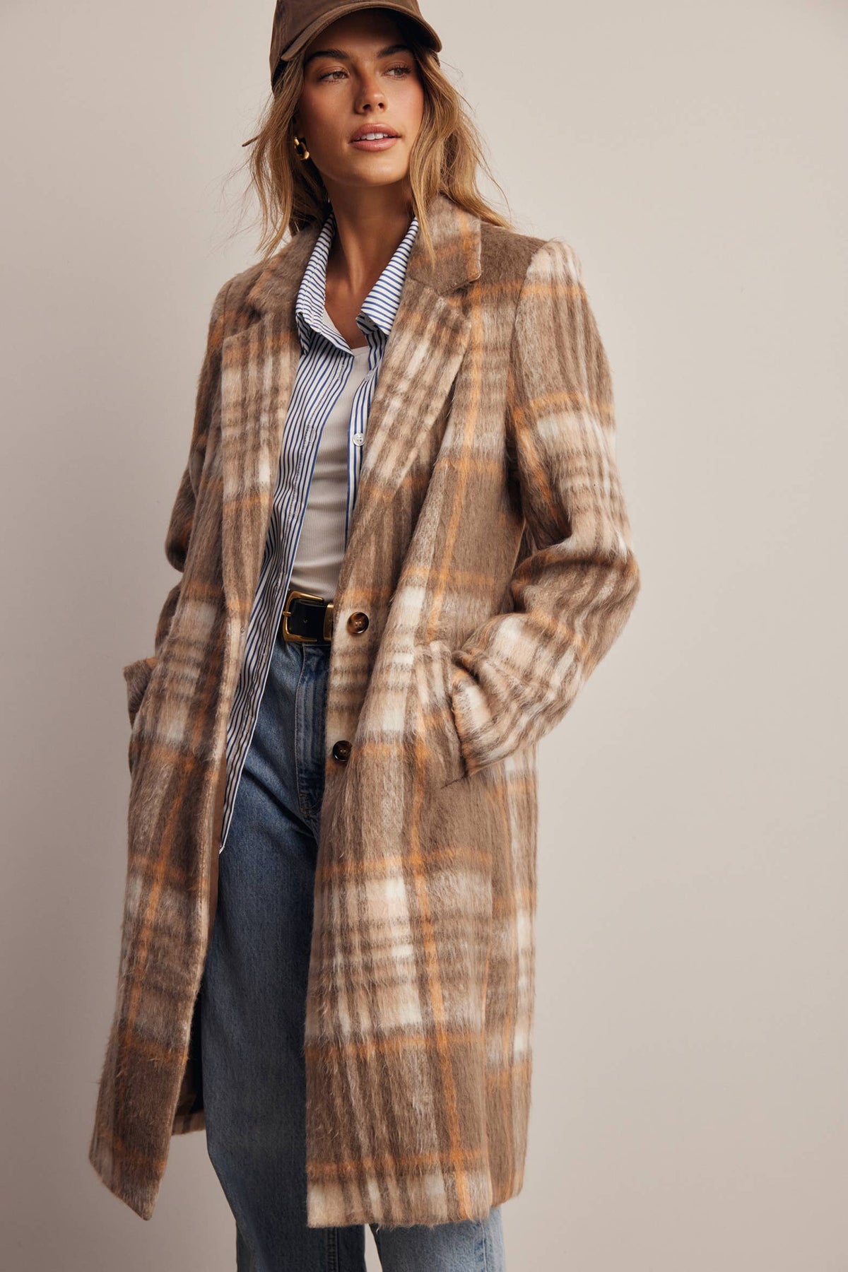 Plaid Brushed Long Coat