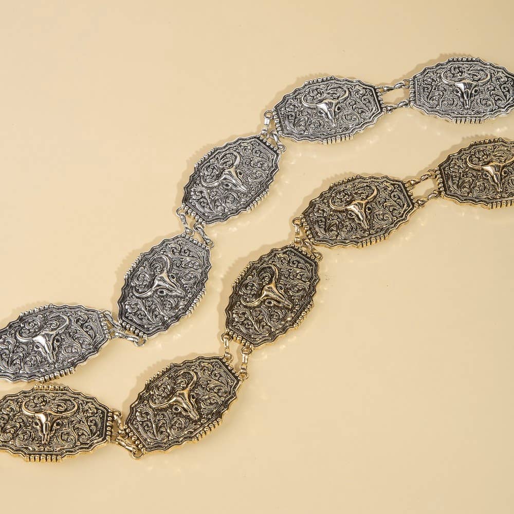 Western Bull Skull Engraved Concho Chain Belt