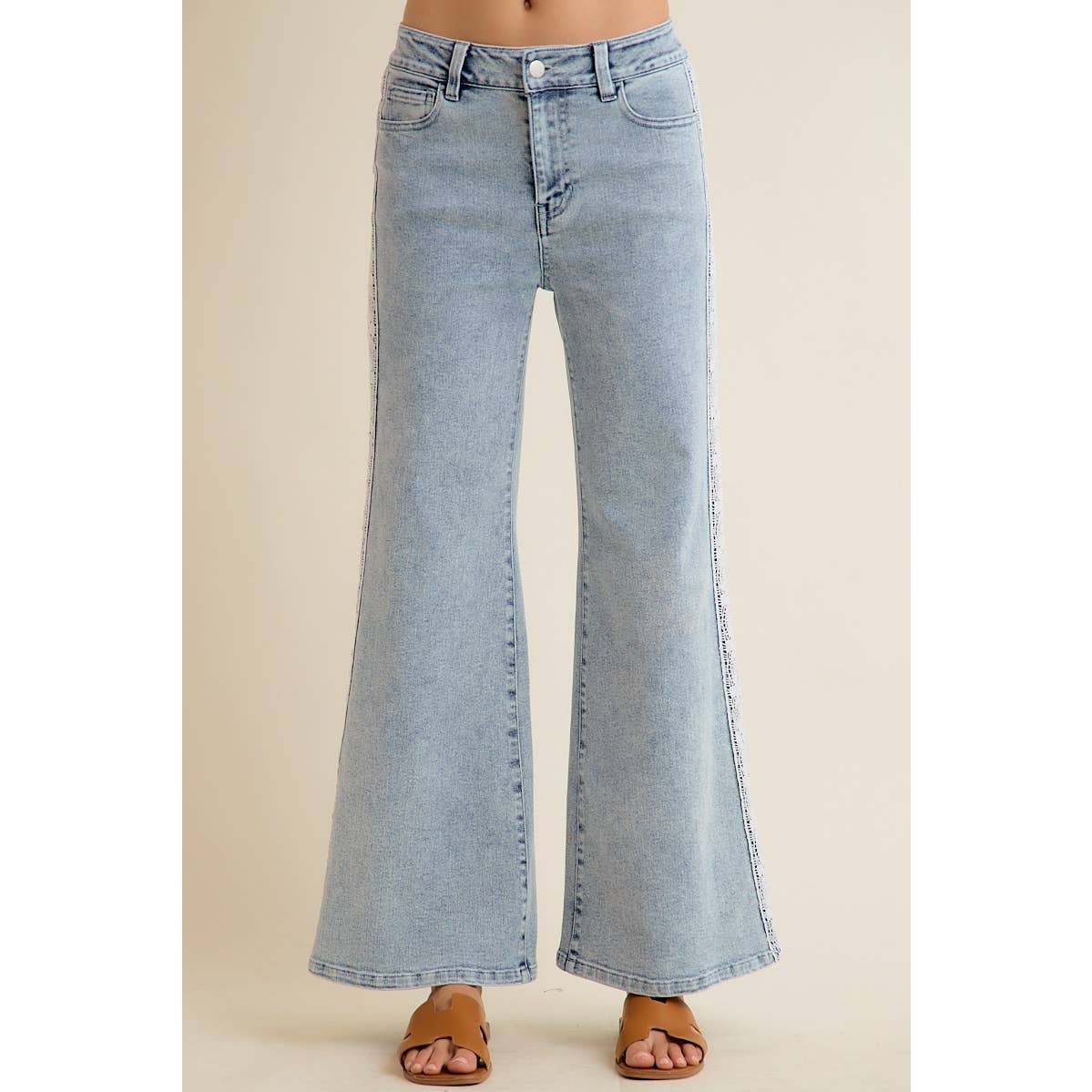 WIDE LEG FLARE DENIM JEANS WITH SIDE LACE TRIM