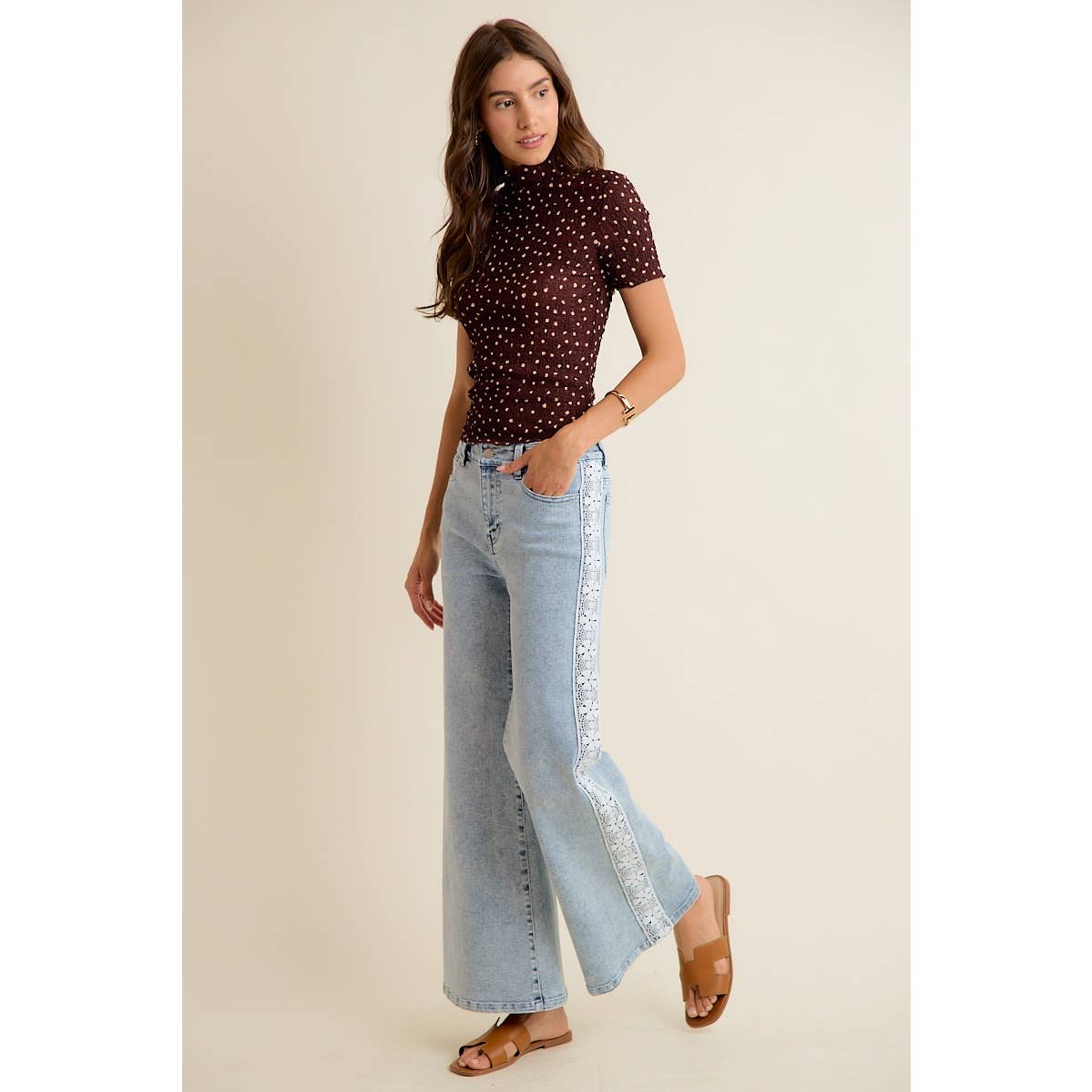 WIDE LEG FLARE DENIM JEANS WITH SIDE LACE TRIM