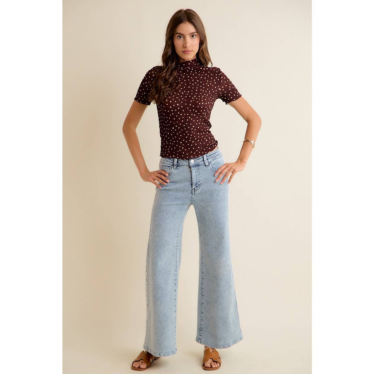 WIDE LEG FLARE DENIM JEANS WITH SIDE LACE TRIM