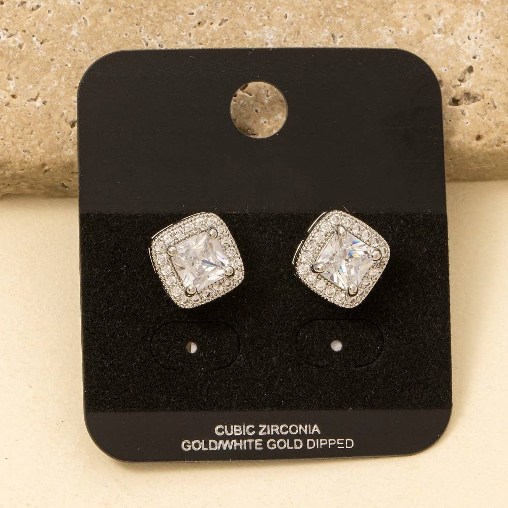 Gold Dipped Square Halo Cz Stud Earrings