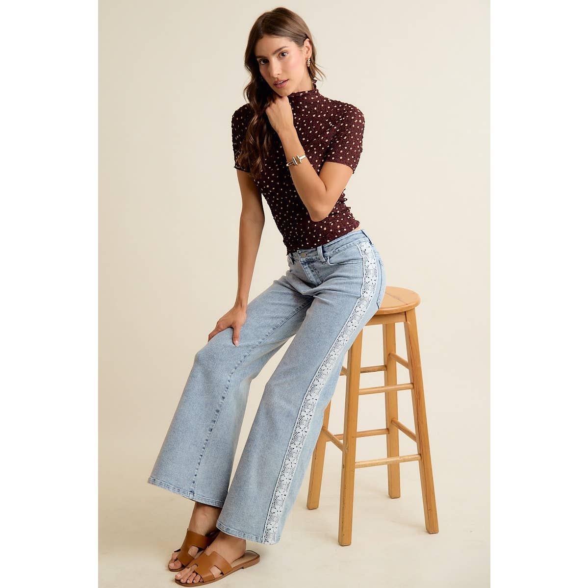 WIDE LEG FLARE DENIM JEANS WITH SIDE LACE TRIM