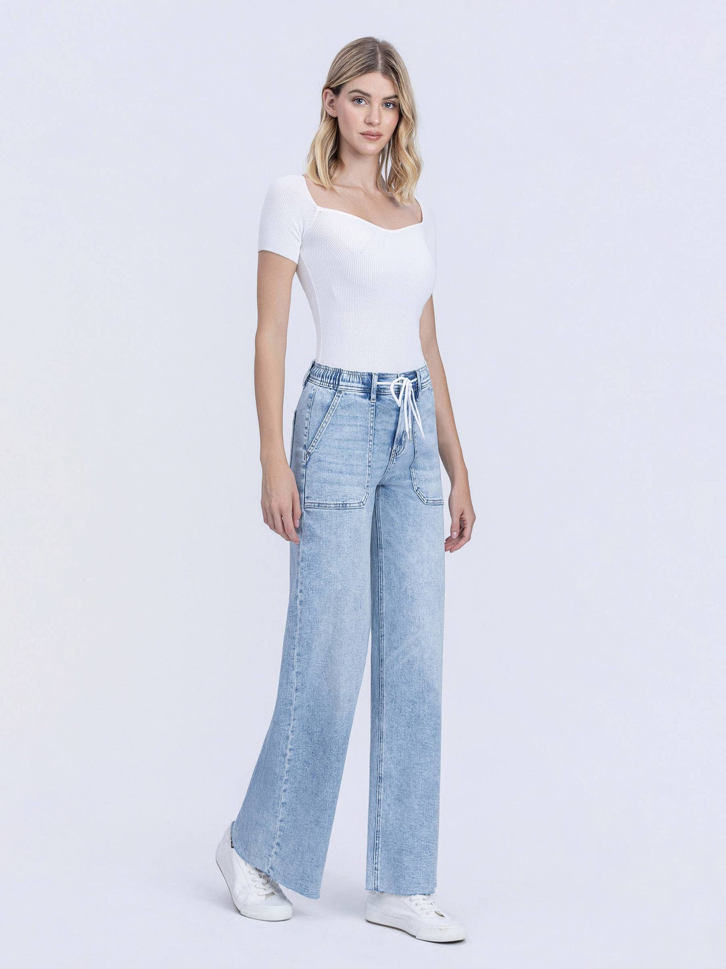 HIGH RISE DRAWSTRING WAISTBAND WIDE LEG JEANS F6065
