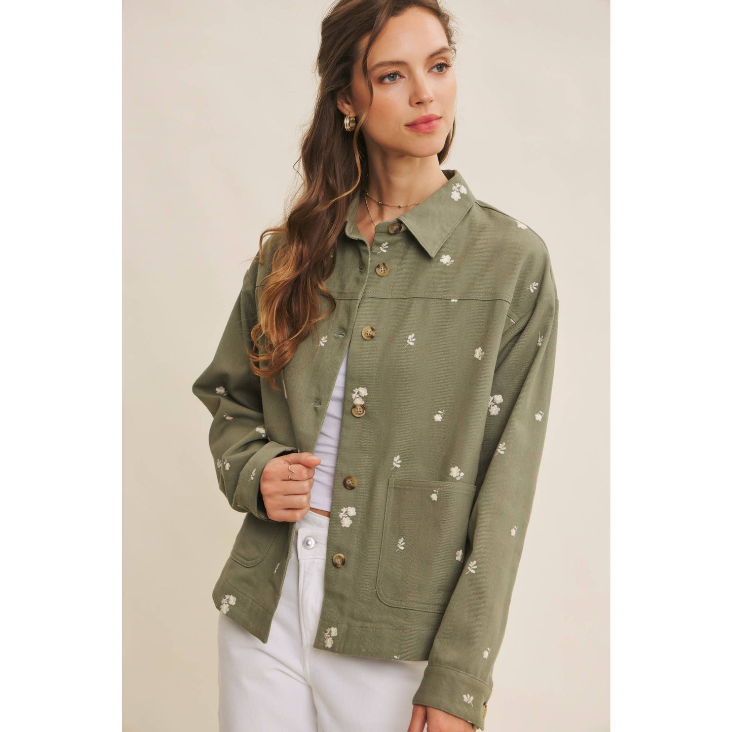 EMBOIDERY COTTON TWILL OVERSIZED UTILITY JACKET