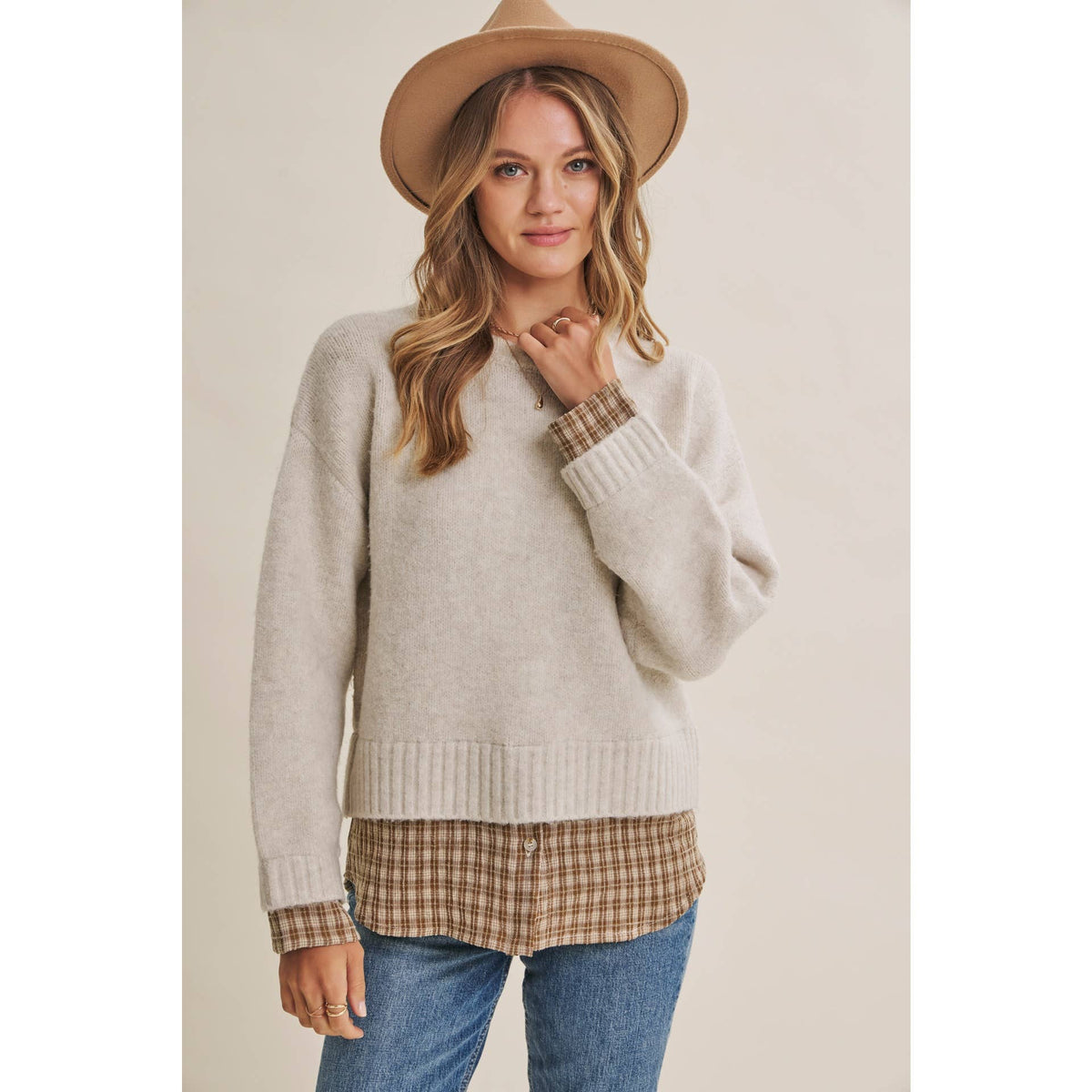 COUNTRY ROAD LAYERED PLAID HEM SWEATER TOP