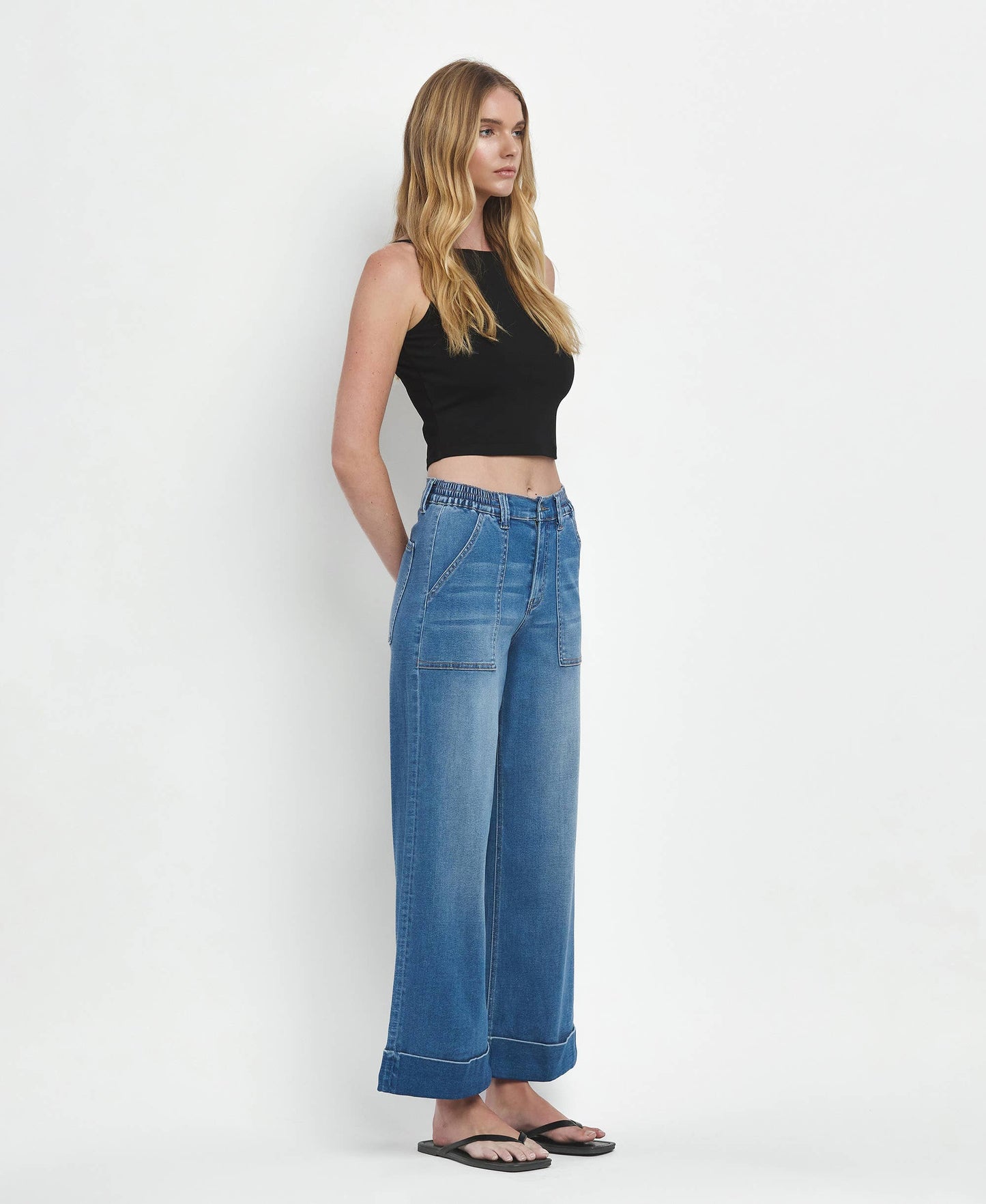HIGH RISE DOUBLE CUFFED BAGGY WIDE JEANS