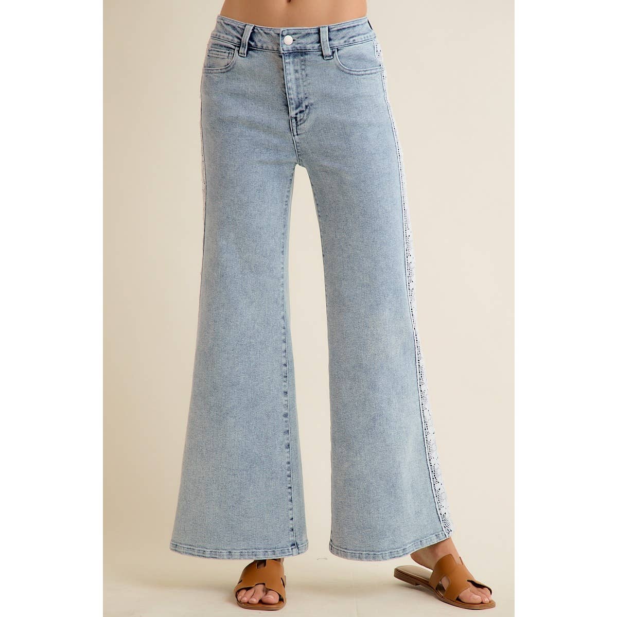 WIDE LEG FLARE DENIM JEANS WITH SIDE LACE TRIM