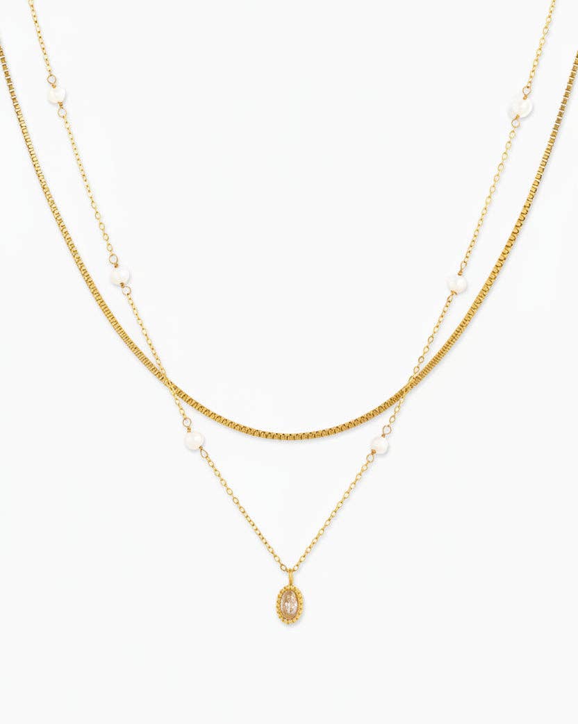 Stainless Steel Oval Pendant w/ Pearl Layered Necklace