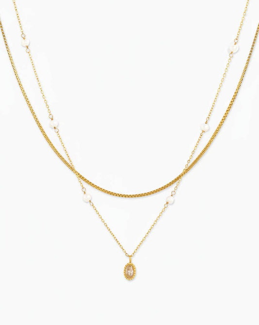 Stainless Steel Oval Pendant w/ Pearl Layered Necklace
