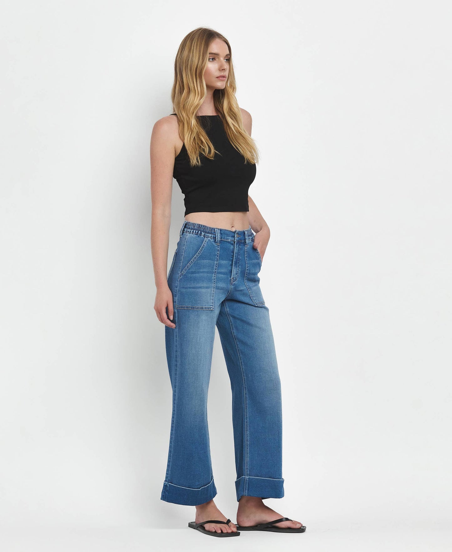 HIGH RISE DOUBLE CUFFED BAGGY WIDE JEANS