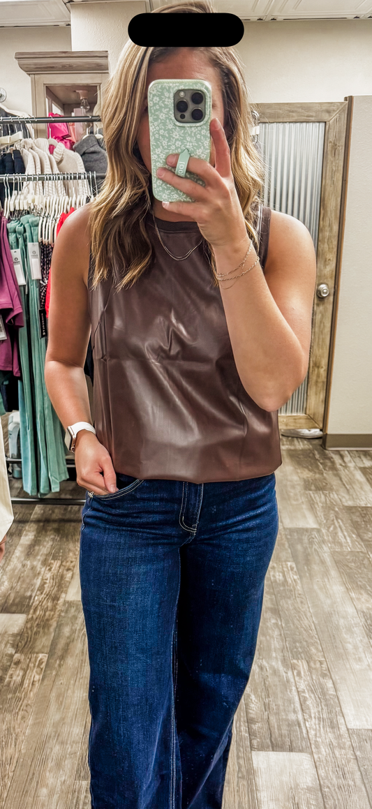 Brown Faux Leather Crew Neck Tank Top