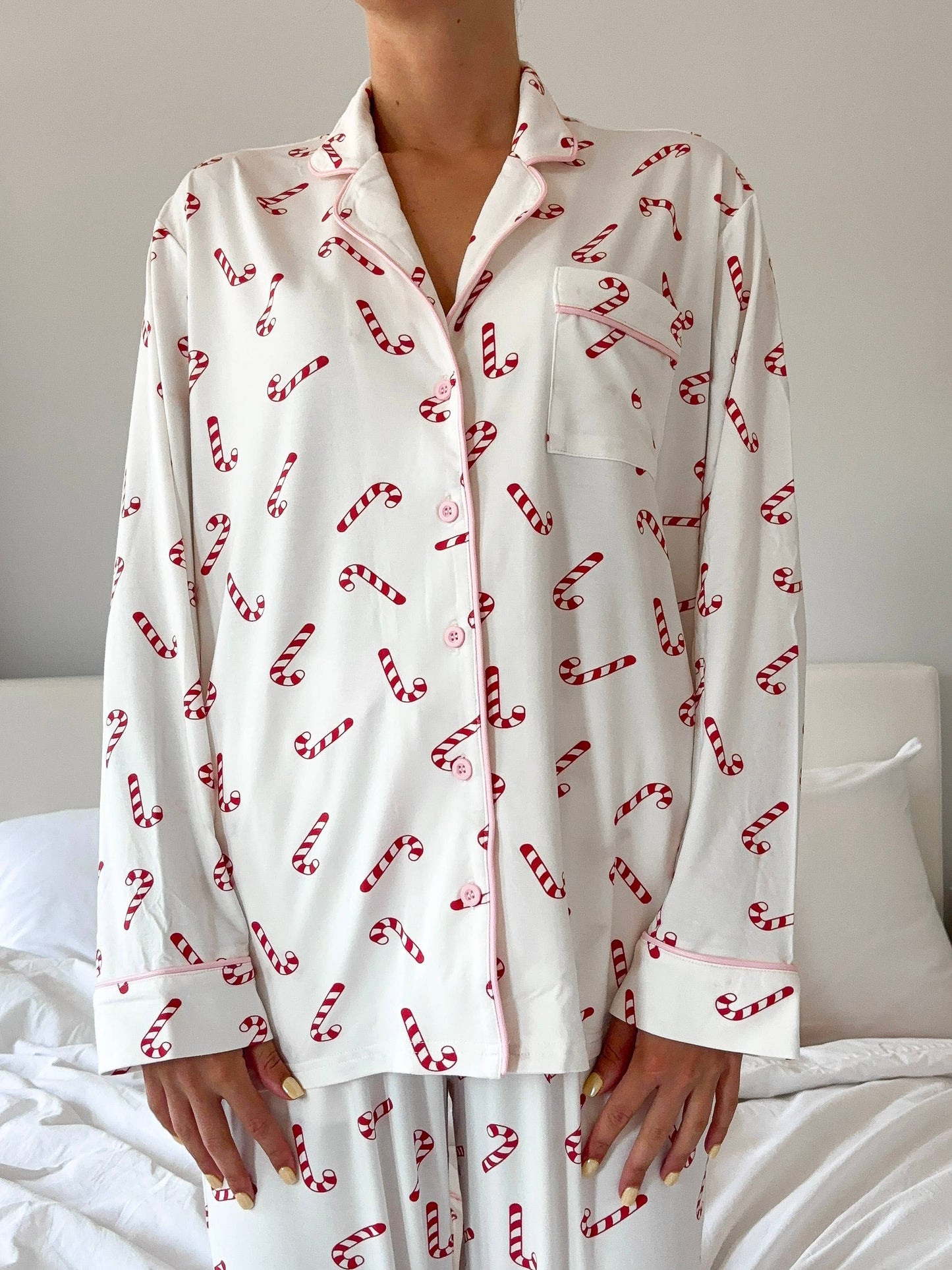 Candy Cane Holiday Christmas Long Sleeve Button Up Pajama Top