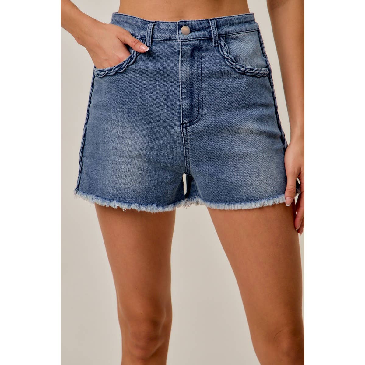 DENIM SHORTS WITH POCKET AND SIDE SEAM BRAIDS