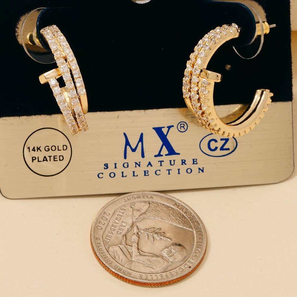 Gold Dipped Cz Pave Layered Nail Hoop Earrings