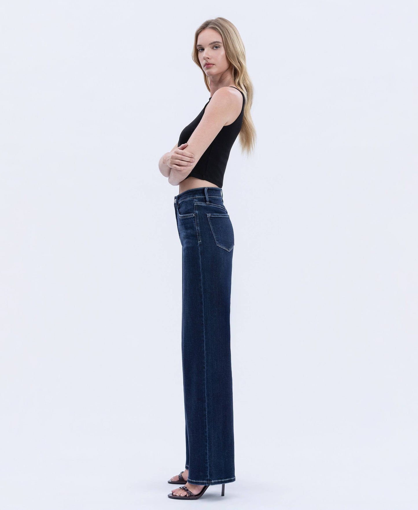 HIGH RISE DARK WASH FULL LENGTH WIDE JEANS