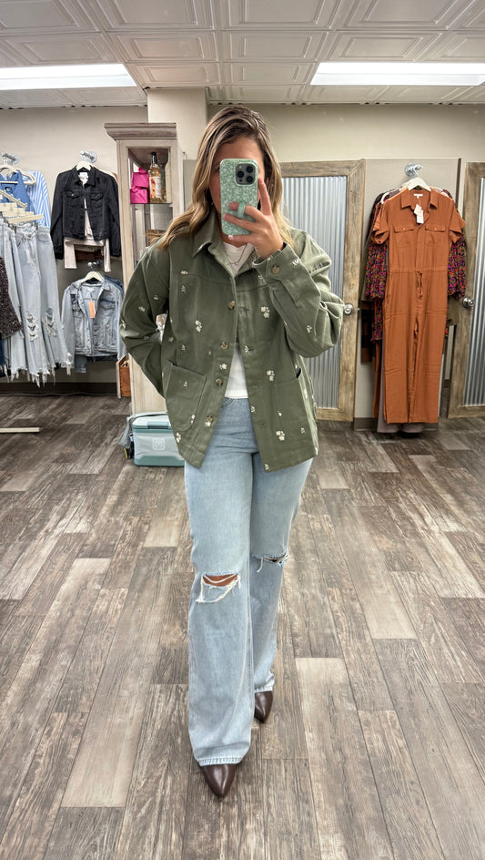 EMBOIDERY COTTON TWILL OVERSIZED UTILITY JACKET