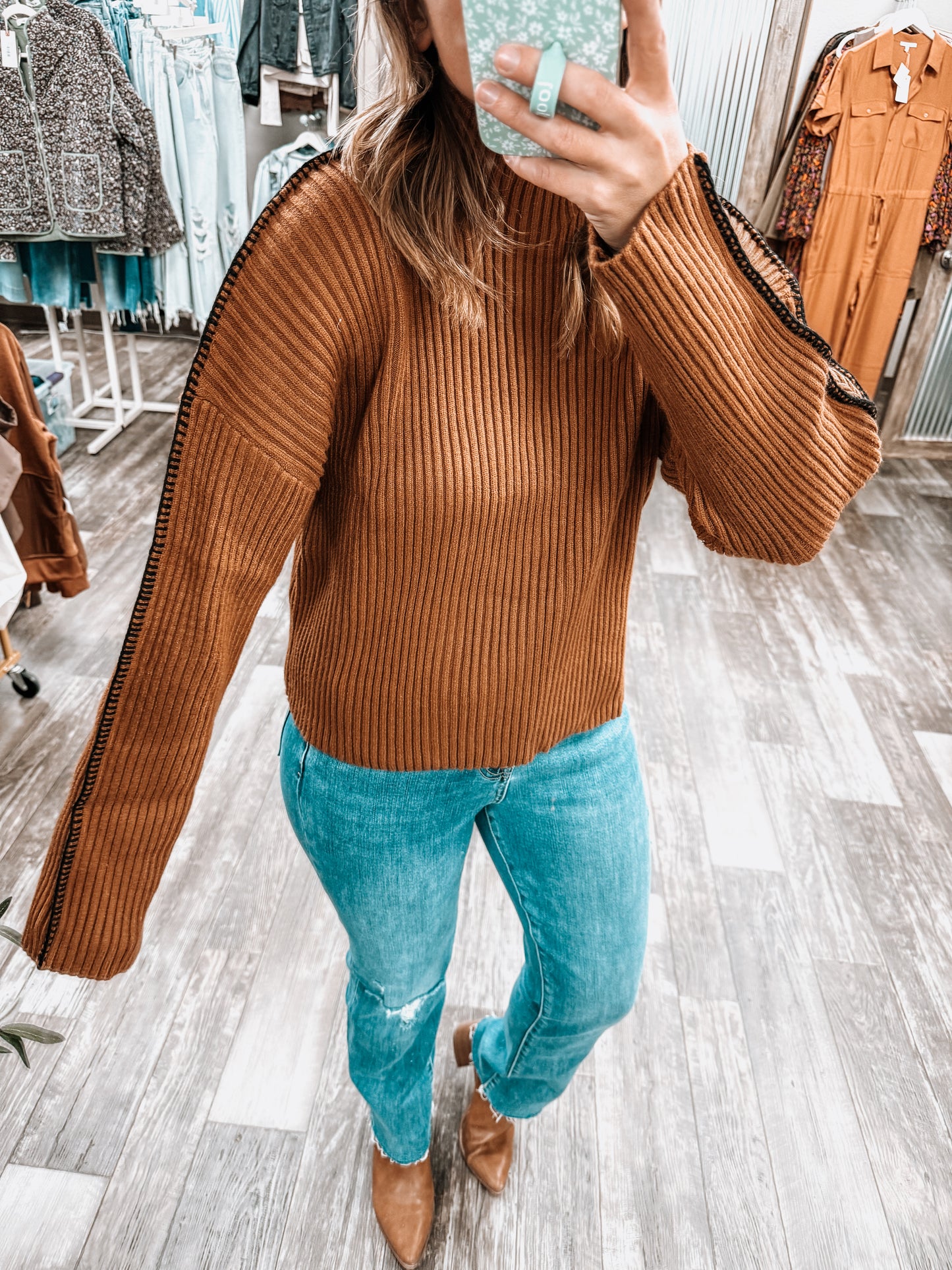 Solid High Neck Rib Knit Expose Seam Sweater