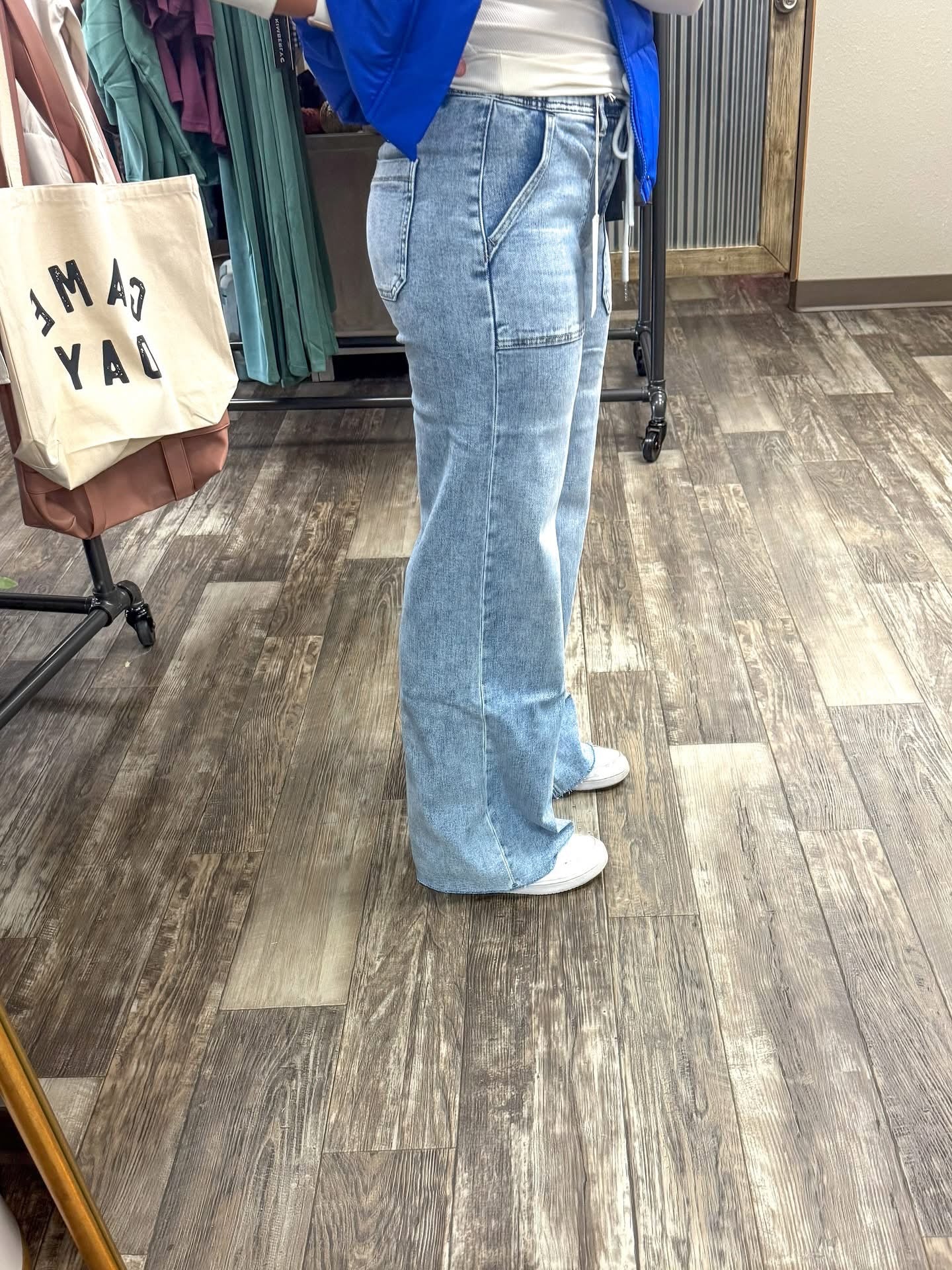 HIGH RISE DRAWSTRING WAISTBAND WIDE LEG JEANS