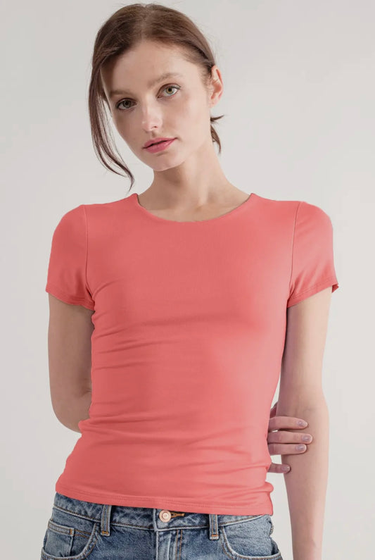 Double Layer Fitted Crew Neck Tee Coral