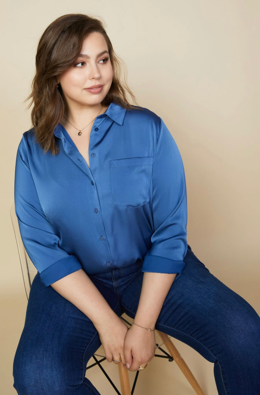 Plus Size Classic Silk Button Down Blue