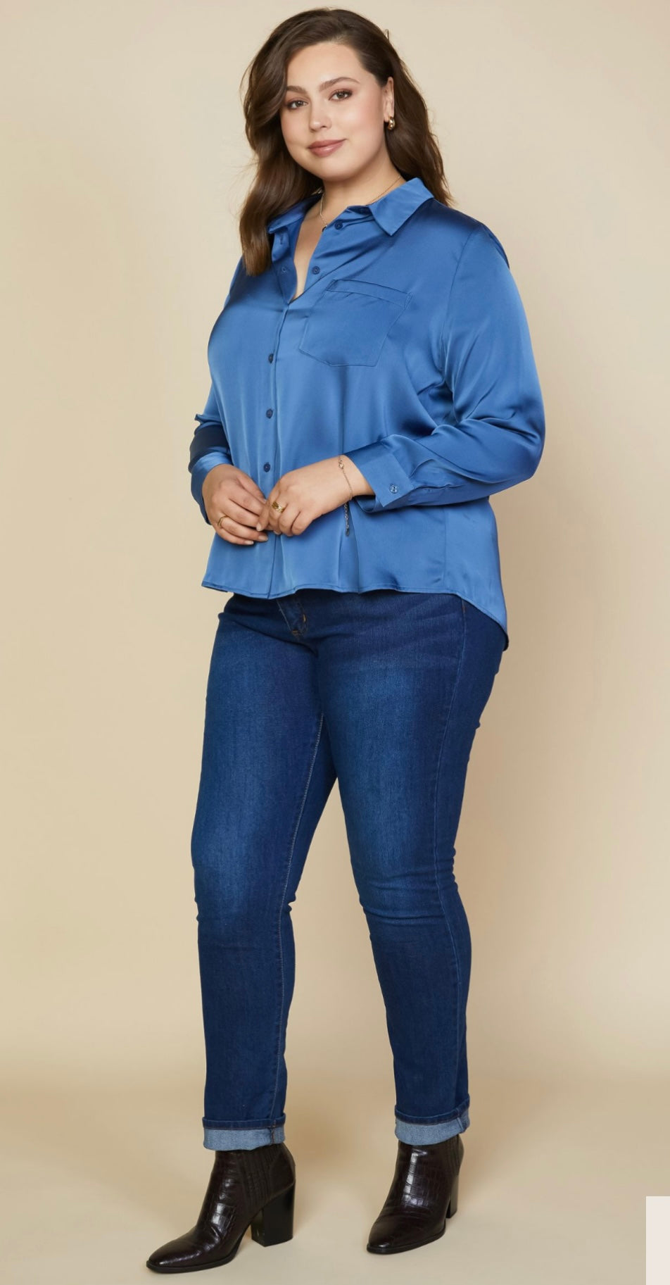 Plus Size Classic Silk Button Down Blue