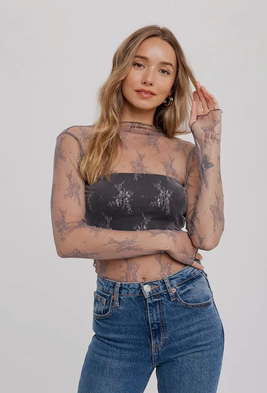 Floral Embroidery Lace Mesh Layering Top