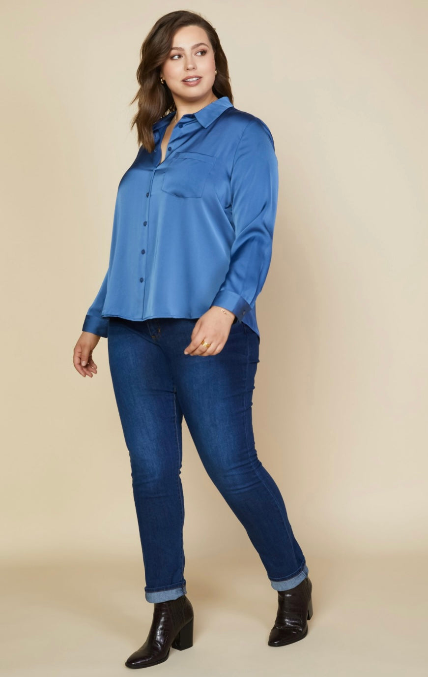 Plus Size Classic Silk Button Down Blue