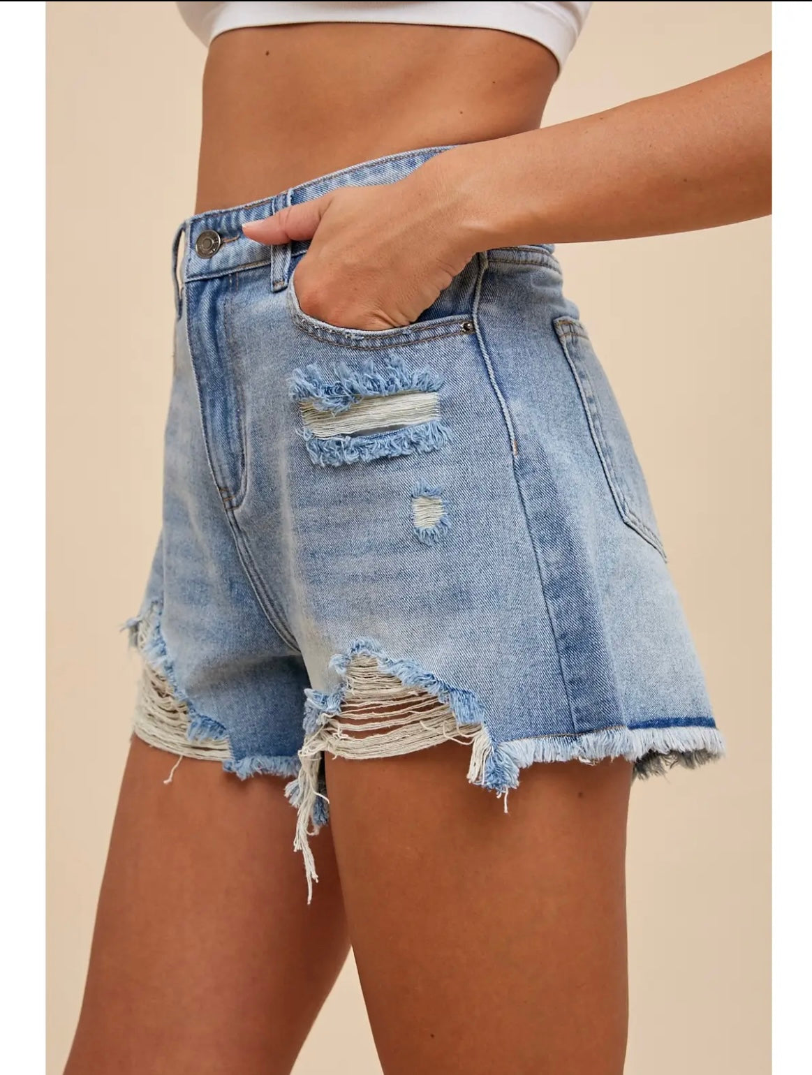 High Rise Distressed Wide Leg Denim Shorts