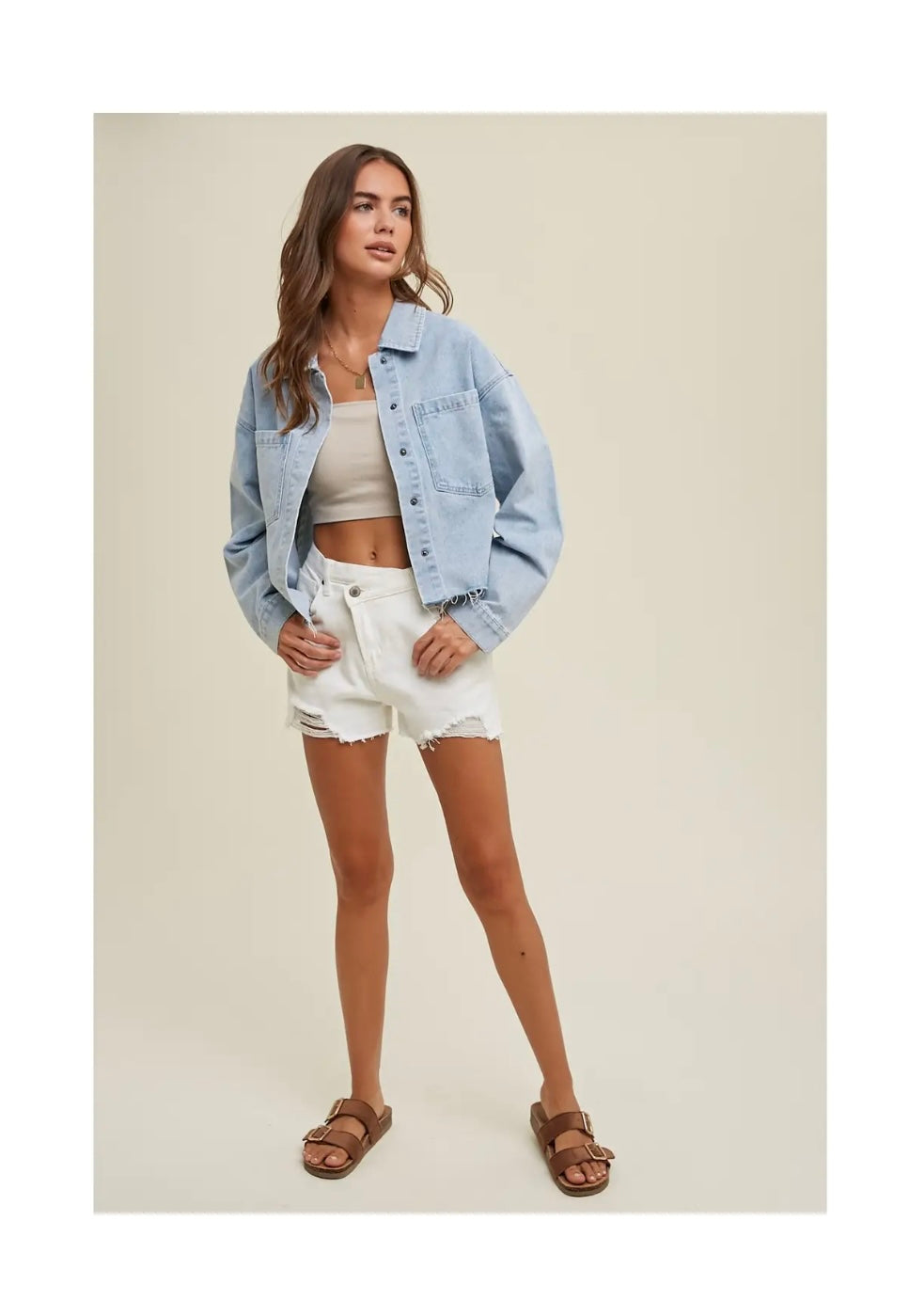 Denim Cropped Jacket with Distressed Detail
