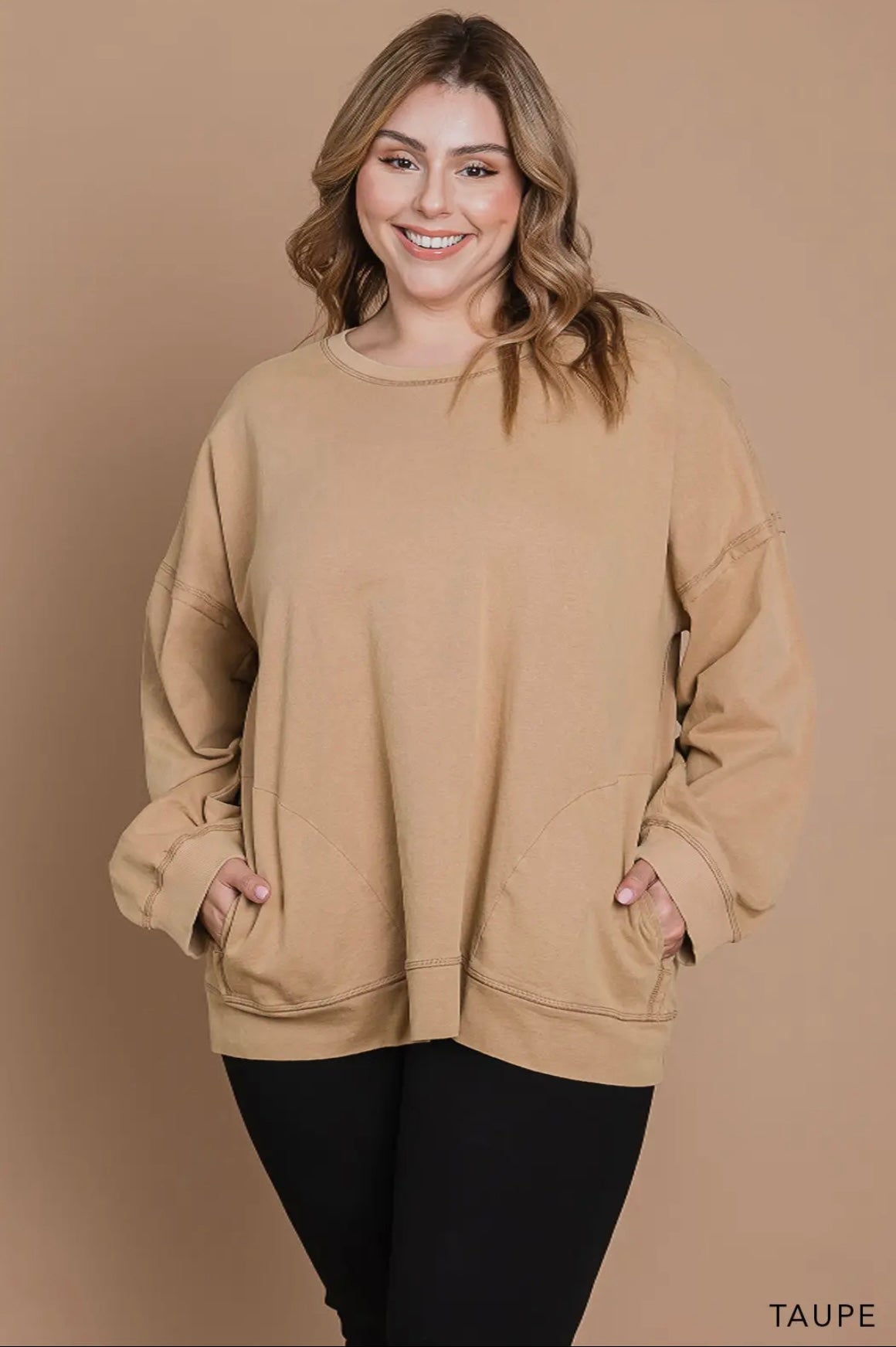 Curvy Vintage Washed Knit Top Taupe