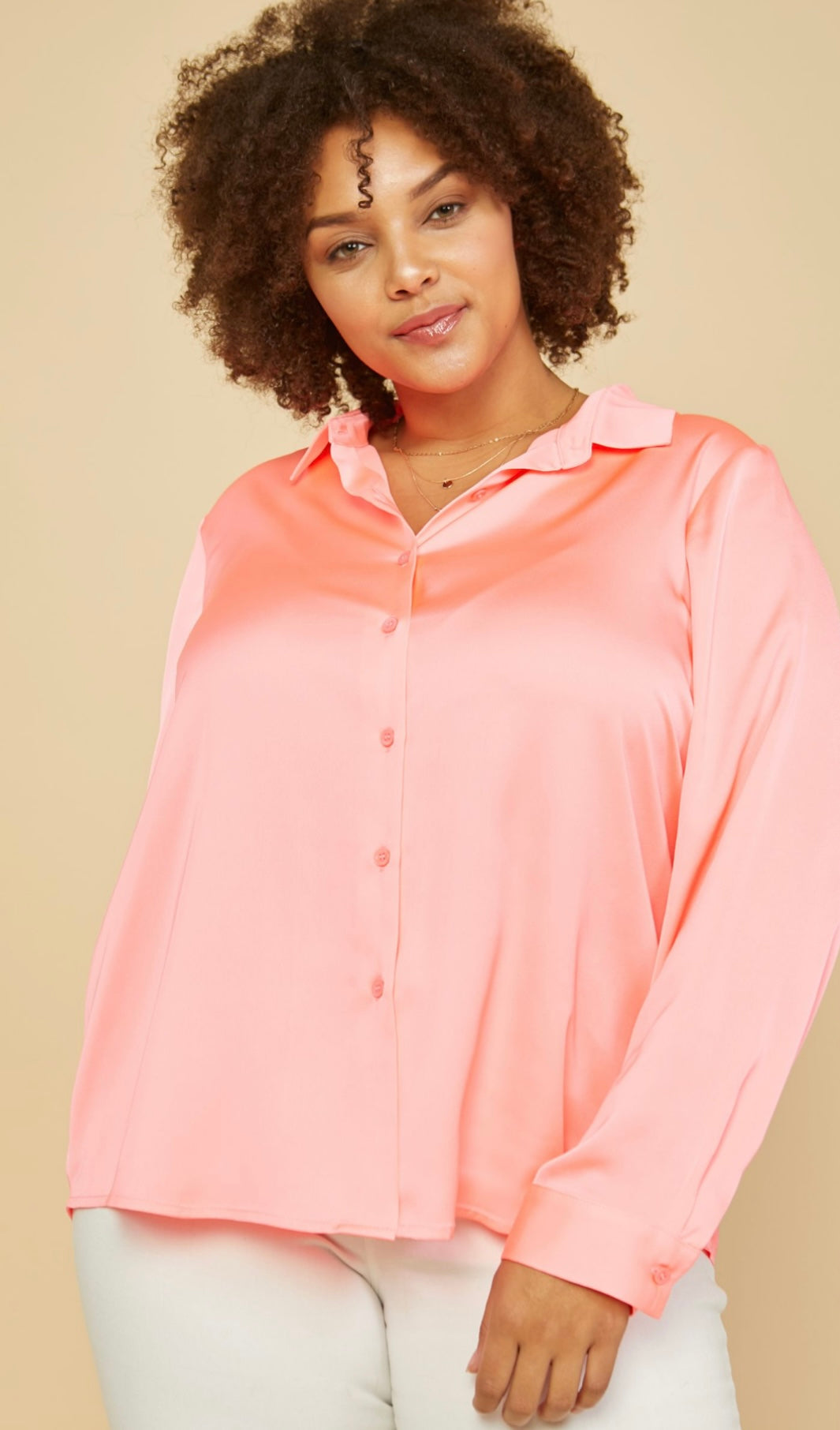 Plus Size Classic Silk Button Down Bright Coral