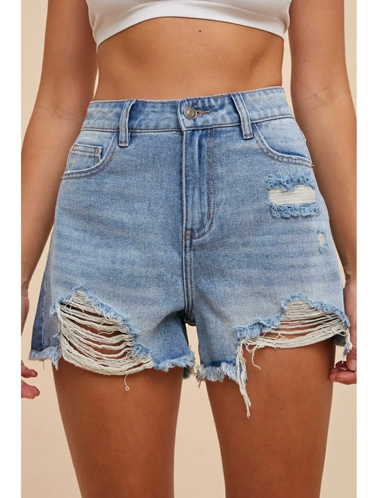 High Rise Distressed Wide Leg Denim Shorts