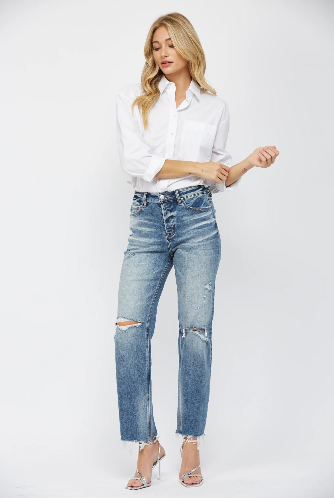 High Rise Straight Leg Button Fly Jeans