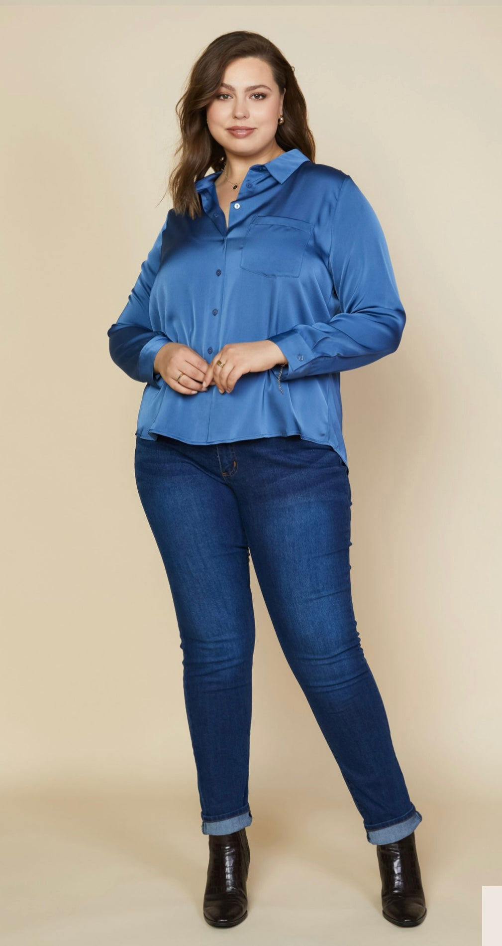 Plus Size Classic Silk Button Down Blue