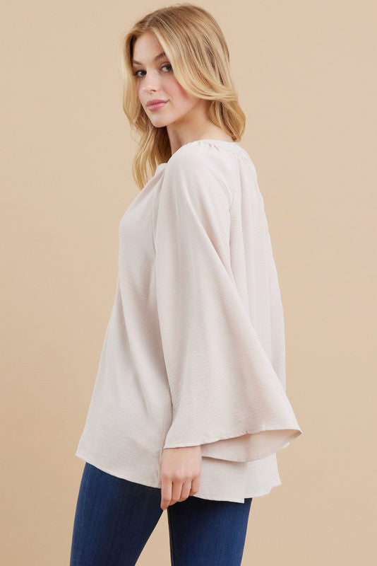 Solid Long Bell Sleeve Top Oatmeal